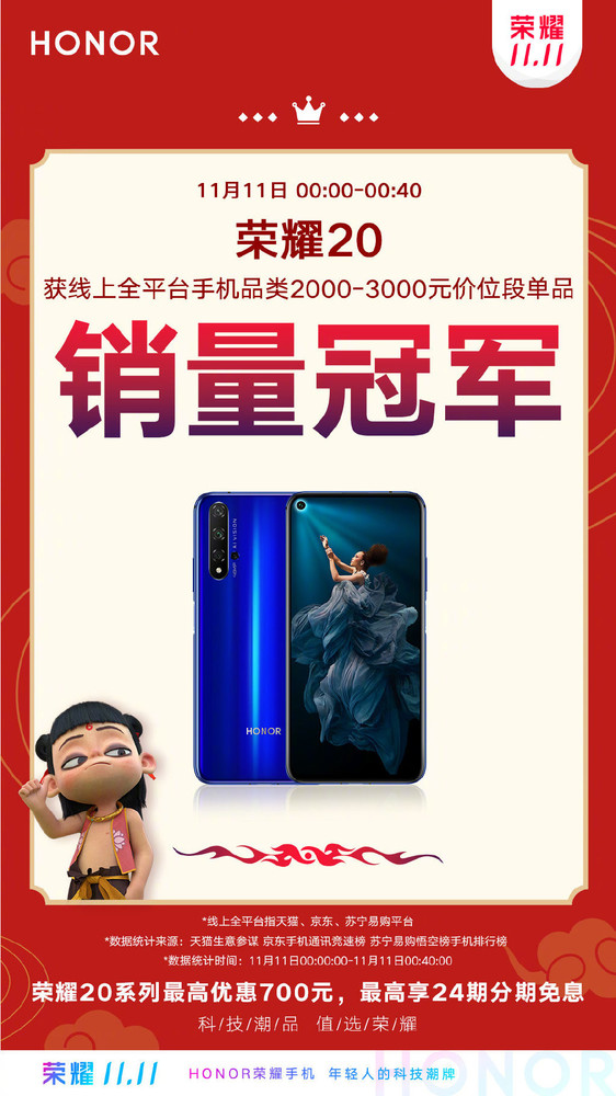 荣耀20拿下销量冠军