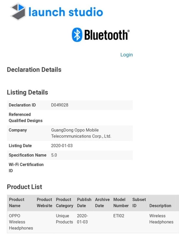 型号为“ETI02”的OPPO耳机经过蓝牙认证