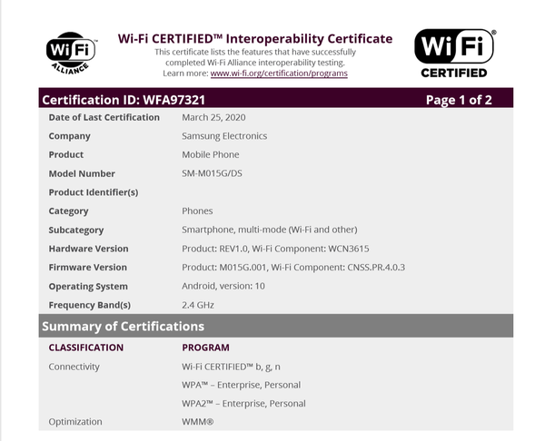 三星Galaxy M01取得WiFi联盟认证